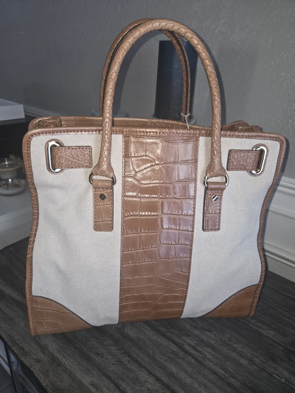 Michael Kors Tan Croc-Accent Canvas Tote Bag Perfect For A Laptop. - Picture 5 of 15